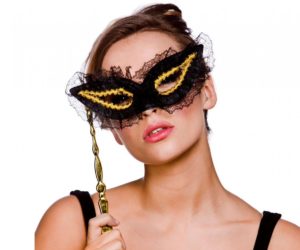 Masquerade Mask On Stick Lace Gold